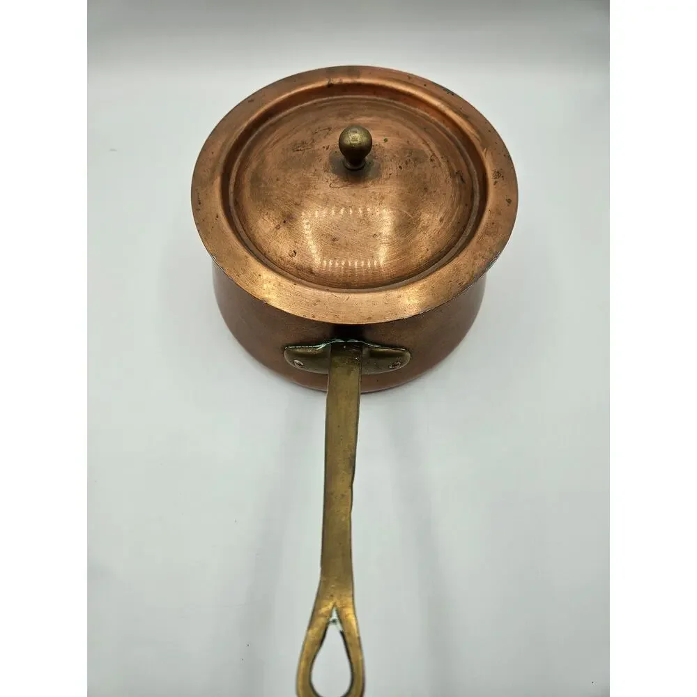Vintage Hand Hammered Bombe Copper Saucepan Tin Lined Brass Handles 6.5